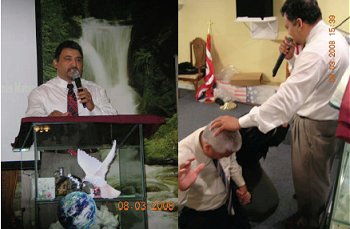 Foto: Obispo Rahadames Matos predicando y orando por el Pastor Portalatin y su esposa. Foto: Obispo Rahadames Matos predicando y orando por el Pastor Portalatin y su esposa.