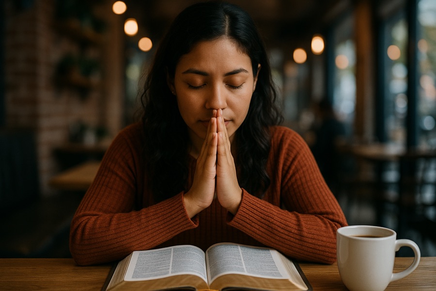 Woman coffeeshop bible med