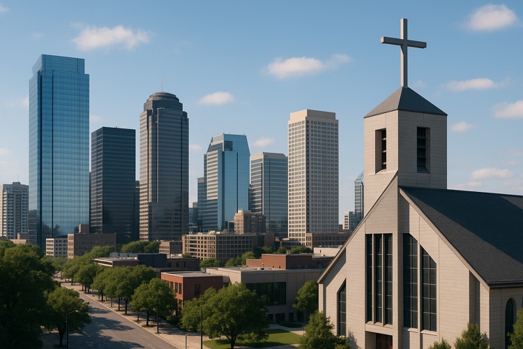 Modern city view with a church med