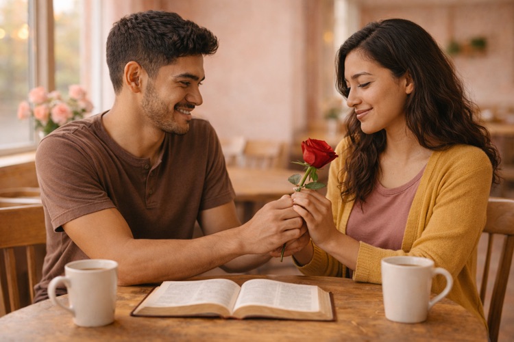 Latino couple coffee shop flower med